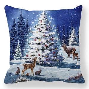 Detailed Christmas tree and forest animals oil painting print on square pillowcase