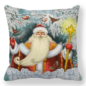 Detailed close-up of Santa Claus illustration on square festive Christmas pillowcase