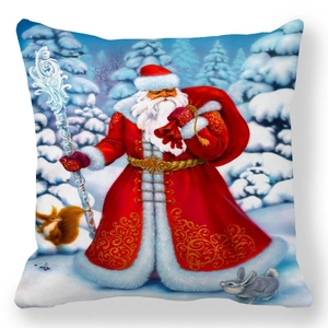 Detailed pattern of Santa Claus and forest animals on a square peach skin pillowcase