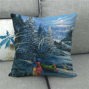 Winter forest snow scene linen throw pillow case on a grey sofa decorative cushion