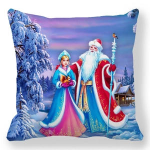 Christmas peach skin pillowcase with Russian Ded Moroz and Snegurochka winter folk art