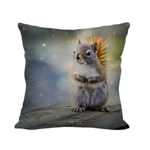 Linen throw pillow cover featuring a realistic red squirrel oil painting with starlight background