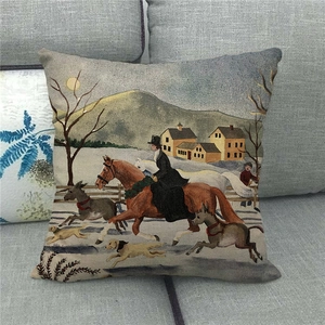 Close-up of vintage Christmas horse scene printed on rustic linen decorative pillowcase