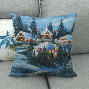 Christmas linen pillowcase featuring a snowy winter night landscape with a cabin
