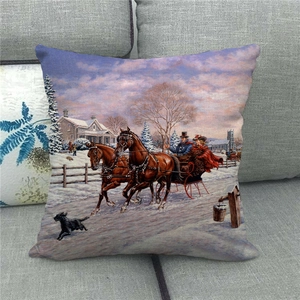 Detailed texture of linen cushion cover with vintage winter horse carriage scene print