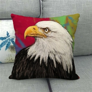 Bald eagle art print linen cushion cover on a gray sofa for home decor accents