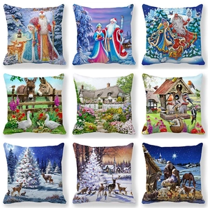 Christmas Decorative Pillowcase Peach Skin Velvet Throw Cushion Cover Oil Painting Winter Snow Scene Home Sofa Decor
