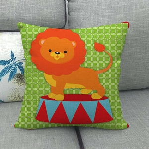 Cute cartoon circus lion linen throw pillowcase on a sofa with green background