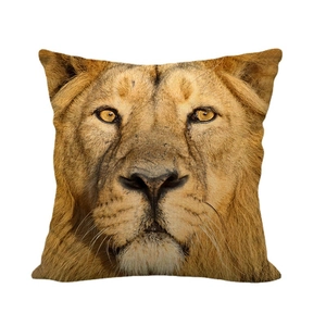 Linen square pillowcase featuring a realistic lion face wildlife photography print