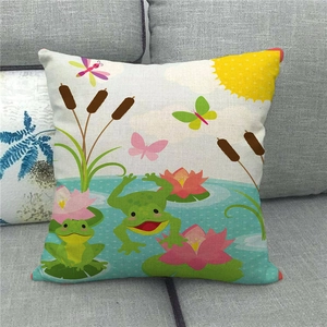 Detailed texture of linen pillowcase with cute cartoon pond frogs and lotus illustration