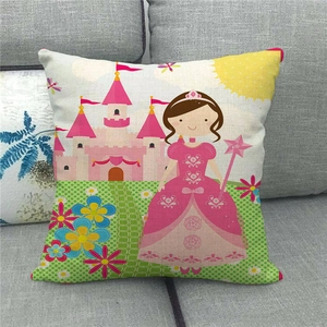 Detail of cartoon castle and princess print on linen texture square pillow case on sofa