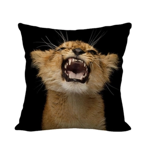 Linen pillowcase featuring a high-definition close-up of a roaring lion cub on black background