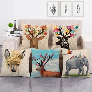 Kissenbezug Cartoon Tier Leinen Dekokissen Hülle Hirsch Elefant Blumendruck Quadratisch Wurfkissen Schutz Home Sofa Deko
