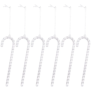 Set of 6 transparent acrylic candy cane ornaments with silver strings for Christmas tree
