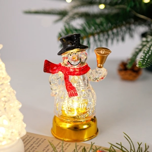 Détail d'un bonhomme de neige LED lumineux avec base dorée et décor de Noël scintillant