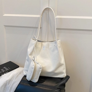 Minimalist beige matte leather tote bag with small pouch for women daily commute