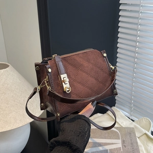 Borsa a Tracolla da Donna in Camoscio a Rombi Vintage Piccola Borsa Quadrata Con Serratura in Metallo Oro Autunno Inverno Borsa da Giorno