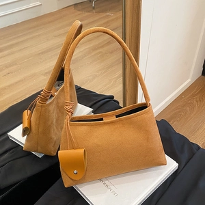 High-End Faux Suede Underarm Bag For Women Fashion Versatile Commuting Shoulder Bag With Mini Charm Handle Knot Design