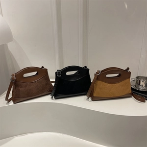 Three elegant quilted crossbody bags in brown, black and yellow with hollow handles