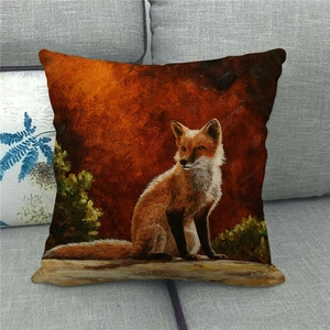 Linen throw pillow cover featuring a realistic oil painting of a red fox on a sofa