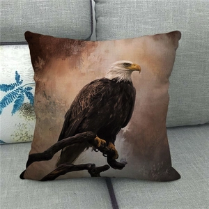 Detailed texture of linen pillowcase featuring a realistic bald eagle wildlife print