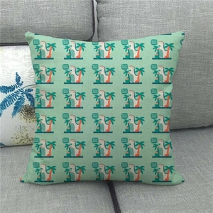 Detailed texture of seamless linen cushion cover with cartoon dinosaur print on a sofa