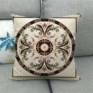 Detail of bohemian mandala linen pillowcase featuring geometric patterns and earthy tones