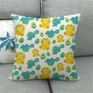 Macro detail of seamless linen cushion cover with cartoon dinosaur and egg print patterns