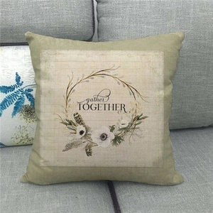 Linen decorative pillow cover with flower wreath design and gather TOGETHER text