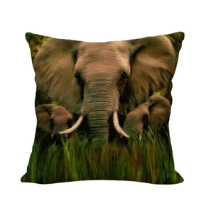 Linen pillow cover with African elephant family oil painting print on white background