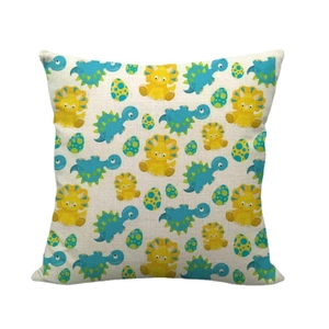 Square linen pillowcase featuring colorful cartoon dinosaurs on a white background