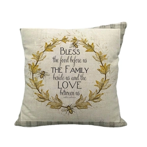 Linen pillow cover with yellow floral wreath, bee print and farmhouse prayer text on white background