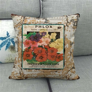 Vintage rust-style linen pillowcase with Phlox flower seed packet print on a sofa