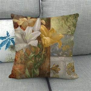 Detailed texture of rustic linen pillowcase with vintage lily flower oil painting print