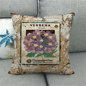 Detailed texture of rustic linen pillowcase with purple Verbena floral print