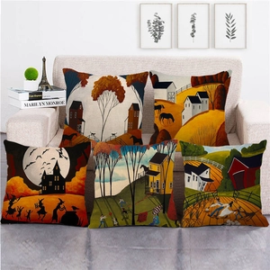 Countryside Oil Painting Style Linen Throw Pillow Case Rustic Farmhouse Landscape Decorative Cushion Cover For Sofa Couch Home Decor