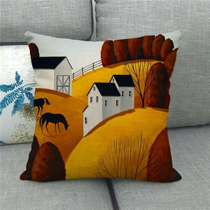 Linen decorative pillow cover with oil painting style countryside autumn scenery and black horse