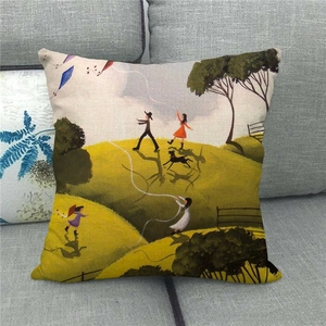 Close-up of rustic oil painting style linen cushion cover on a grey sofa fabric