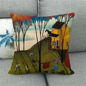 Linen pillow cover with colorful folk art oil painting of a rural village and people