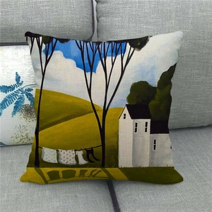 Detailed texture of linen cushion cover with oil painting style countryside scenery