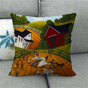 Detail of linen pillowcase featuring a colorful rural farm oil painting landscape
