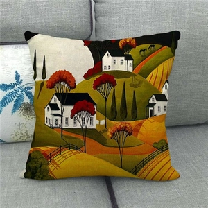 Macro view of linen pillowcase featuring a rustic countryside oil painting art style