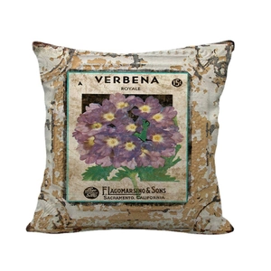 Vintage linen pillow cover with retro purple verbena flower seed packet print design