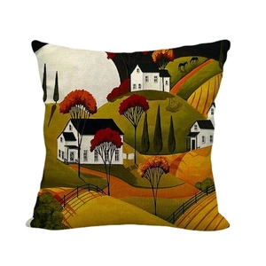 Linen pillow cover with colorful folk art country landscape painting of houses and hills