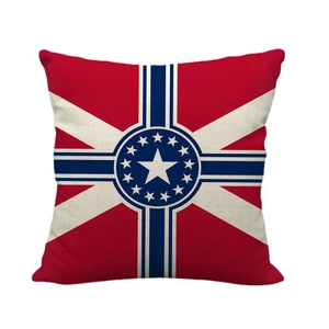 Linen throw pillow cover featuring American eagle and vintage red flag geometric patterns