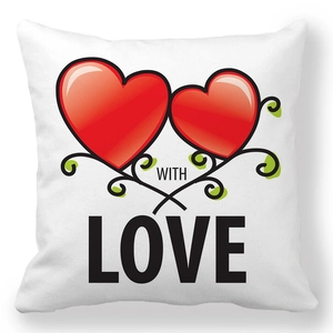 Close-up of white peach skin cushion cover with red hearts and With Love text