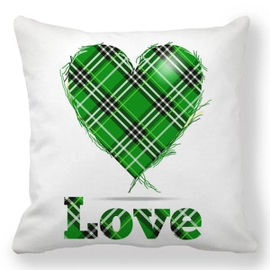 Detail of white peach skin pillowcase with green plaid heart and Love text print