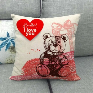 Linen Valentine's Day throw pillow cover with bear holding heart and Be mine text