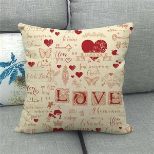 Linen pillow cover with multi-language I Love You prints and romantic red heart motifs
