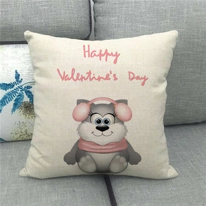 Detailed texture of linen Valentine's Day pillow cover with a cute cartoon cat print